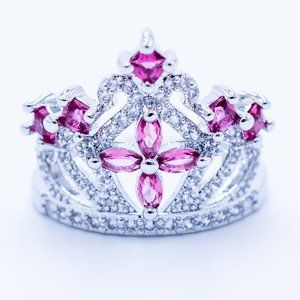 Ruby and Clear Zircon in Silver Crown Ring